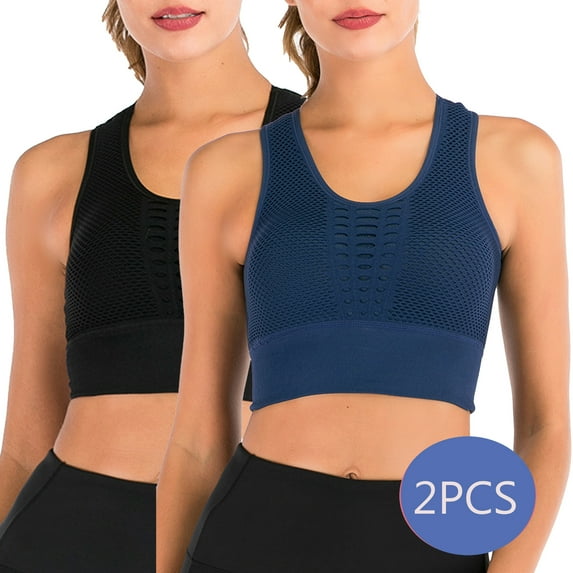 DODOING Women's Seamless Sports Bra High Impact Mesh Openwork Workout Running Crop Tops Longline Yoga Bra 2 Pack