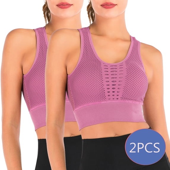 DODOING Women's Seamless Sports Bra High Impact Mesh Openwork Workout Running Crop Tops Longline Yoga Bra 2 Pack