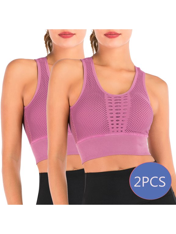 Women's Seamless Sports Bra High Impact Mesh Openwork Workout Running Crop Tops Longline Yoga Bra 2 Pack