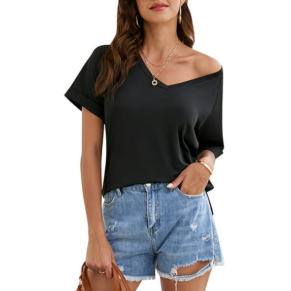 DODOING Women's T-Shirts V Neck Tee Shirts Women's Tops & T-shirts Basic Tee Loose Fitting Casual Short Sleeve Tops