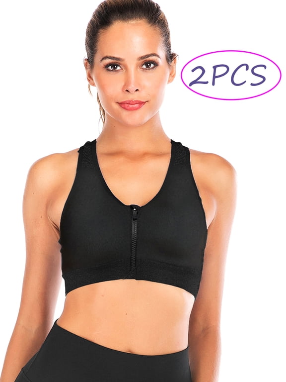 Women's Yoga Sports Bras Training Stretch Tank Top High Impact Padded Bra Front Zipper Closure with Removable Pads 2 Pack