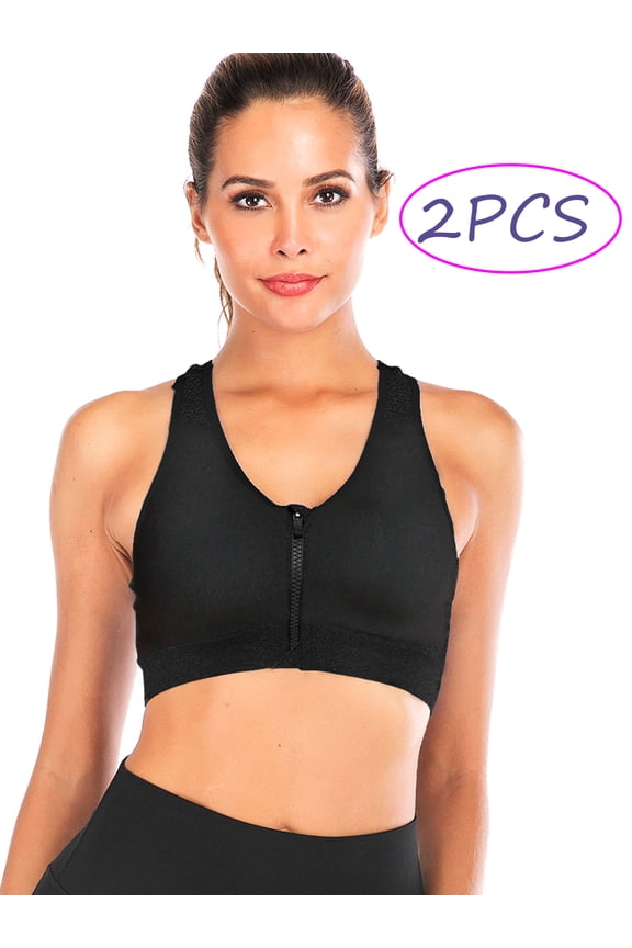 Women's Yoga Sports Bras Training Stretch Tank Top High Impact Padded Bra Front Zipper Closure with Removable Pads 2 Pack
