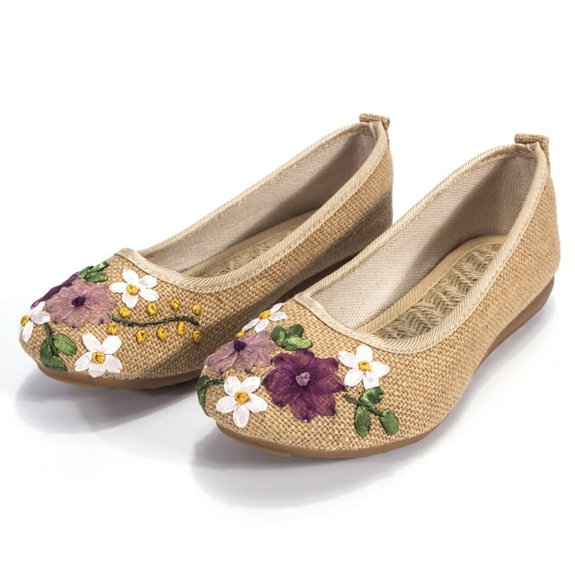 DODOING Womens Ballet Flats Floral Embroidered Cut Platform Shoe Slip On Casual Driving Loafers
