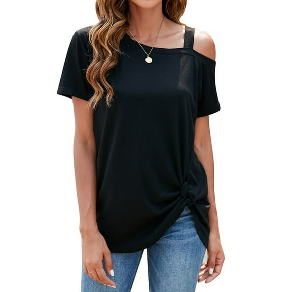 DODOING Womens Off Shoulder Blouses Side Twist Knotted Tops Casual Tunic Shirts