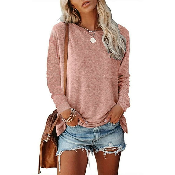 DODOING Womens Tops Solid Color Pullover Long Sleeve T Shirts with Pockets Crew Neck Tunic Blouse