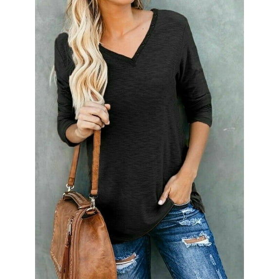 DODOING Long Sleeve Shirt Women Tops V Neck Tunic T Shirt Casual Loose Long Sleeve Basic Shirt Top Plus Blouse