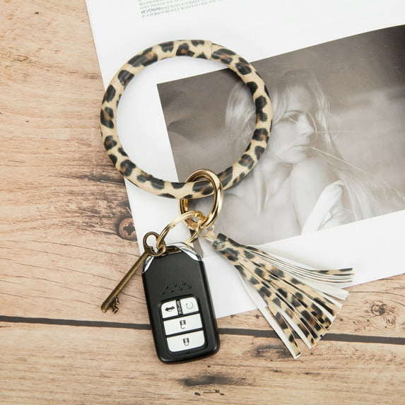 DODOING Wristlet Round Key Ring Chain Leather Oversized Bracelet Bangle Keychain Holder Tassel for Women Girl