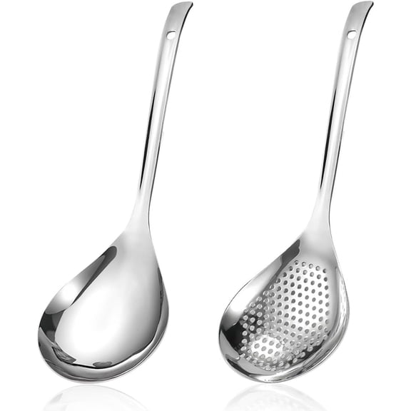 ABCISI 2Pcs Soup Spoon Skimmer Slotted Spoon Stainless Steel Pasta Spider Strainer Kitchen Cooking Tool Set, 12.5x3.8 Inch