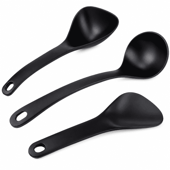 ABCISI Rice Paddle Spoon Set, Nonstick PPS Rice Scooper, Soup Ladle and Porridge Spoon for Rice, Soup, Potatoes and Everyday Cooking, Black, 3 Pcs