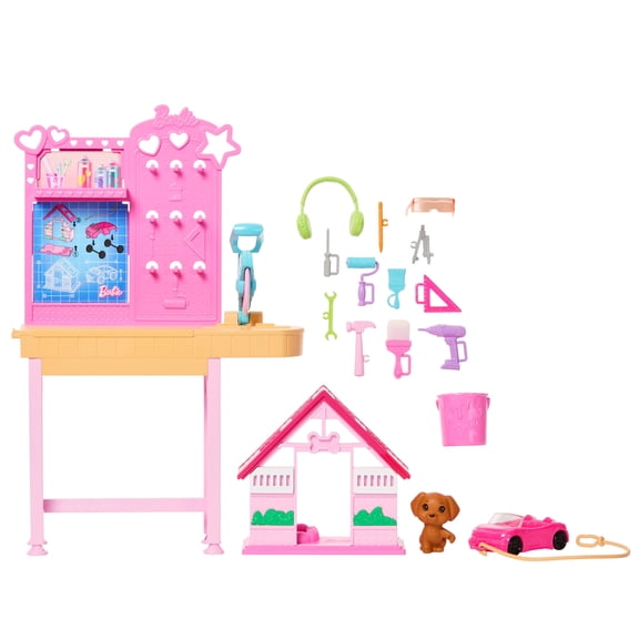 Barbie World Build-a-Doghouse Playset with Workbench, Buildable Doghouse & 15+ Accessories