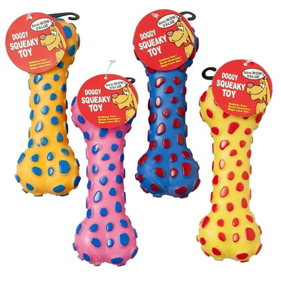 DOG TOY VINYL BONE WITH SQUEAKER 6 ASSORTED COLORS IN PDQ, Case Pack of 66