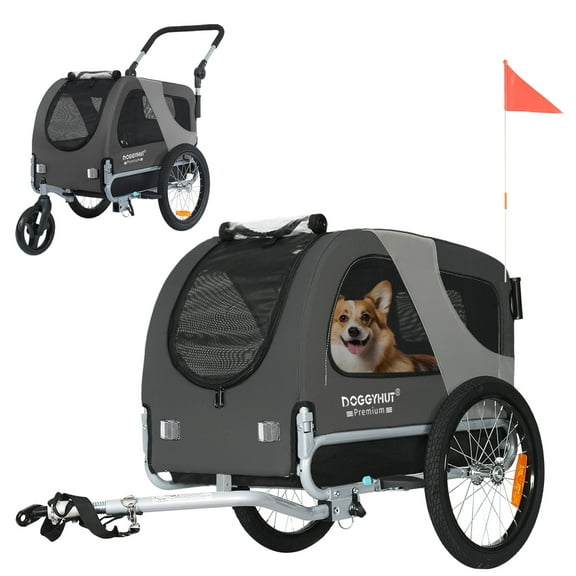DOGGYHUT Premium Medium Pet Bike Bicycle Trailer & Stroller 2 in 1 for Small Dogs, Low Center of Gravity, Parking Brakes, Easy Folding Frame, Bicycle Carrier