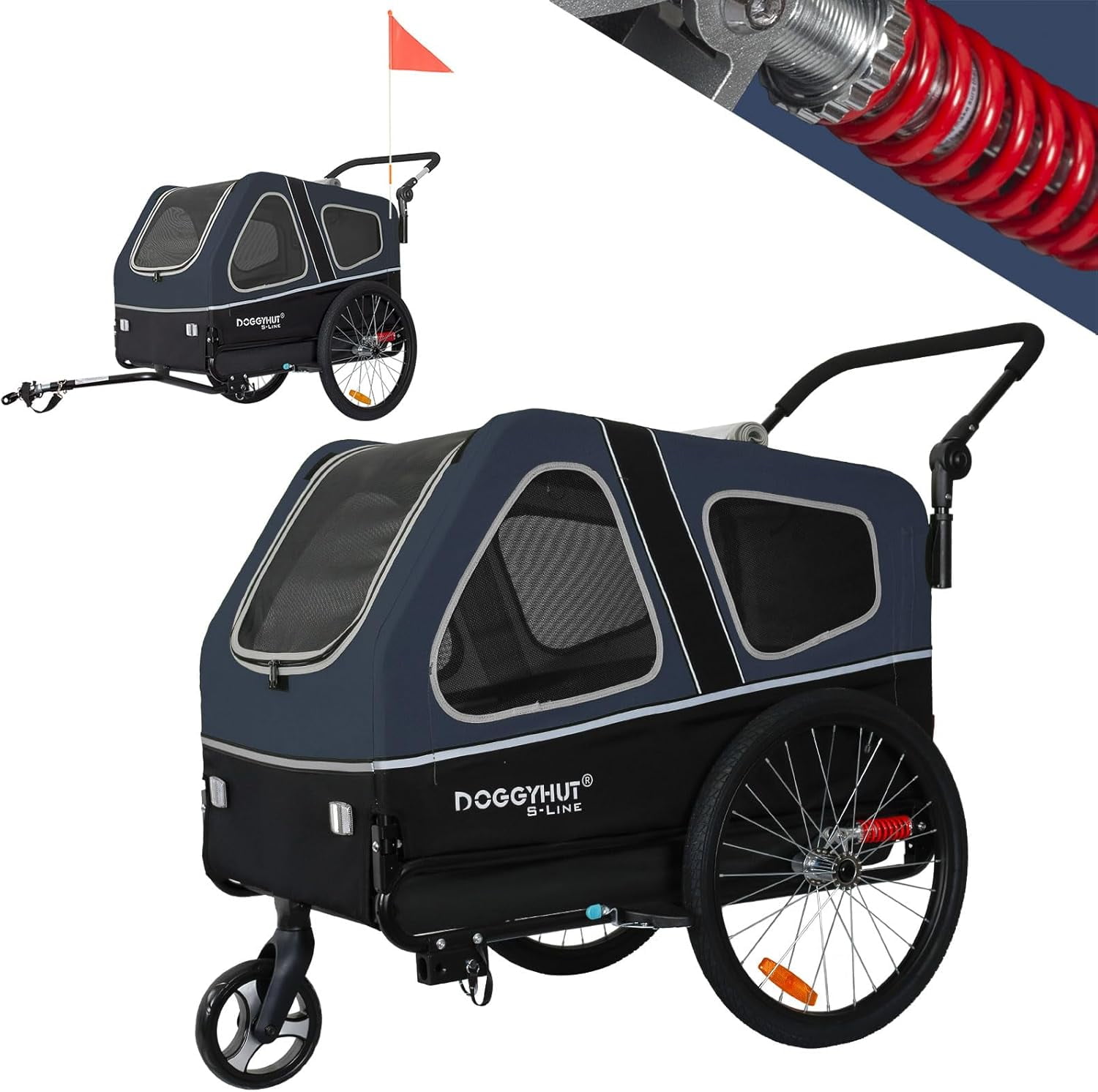 Blue and Black XL Pet Bike Trailer and Stroller with Suspension