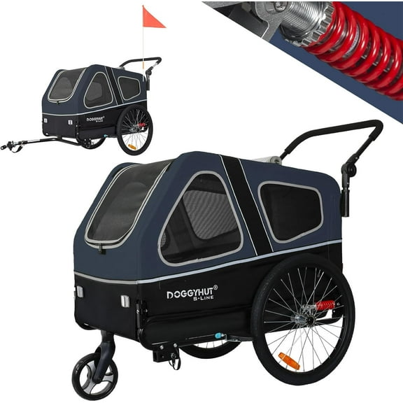 DOGGYHUT S-Line XL Pet Bike Trailer & Stroller for Dogs Up to 100 lbs,Folding Frame Cart, Suspension Wheels,Low Center of Gravity, Parking Brakes