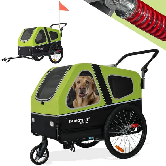 DOGGYHUT S-Line XL Pet Bike Trailer & Stroller for Dogs Up to 100 lbs, Folding Frame Cart, Suspension Wheels, Low Center of Gravity, Parking Brakes