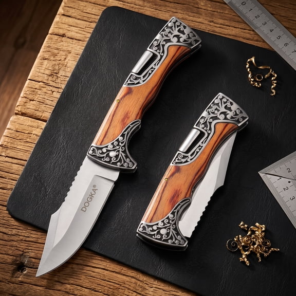 DOGKA Manual Folding Pocket Utility Knife, Stainless Steel Blade Wooden Handle EDC Tool for Camping Fishing Hiking Daily Use