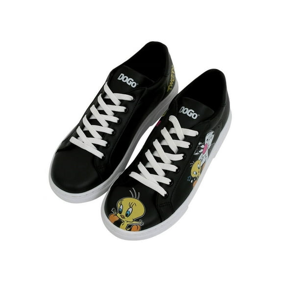 DOGO Black Sneakers for Women - Handmade Women's Fashion Sneakers, Vegan Leather and Unique Design, Womens Sneakers Best of Tweety and Sylvester Black Design, Size 9.5