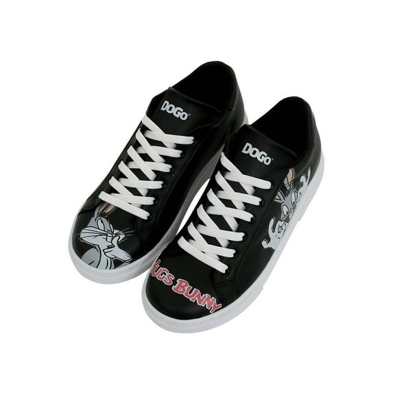 DOGO Black Sneakers for Women - Handmade Women's Fashion Sneakers, Vegan Leather and Unique Design, Womens Sneakers Bugs Bunny Black Builders Design, Size 5.5