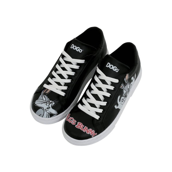 DOGO Black Sneakers for Women - Handmade Women's Fashion Sneakers, Vegan Leather and Unique Design, Womens Sneakers Bugs Bunny Builders Black Design, Size 7.5