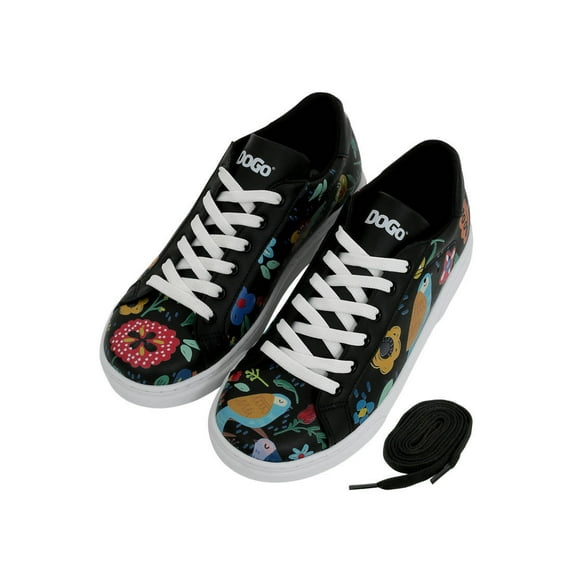 DOGO Black Sneakers for Women - Handmade Women's Fashion Sneakers, Vegan Leather and Unique Design, Womens Sneakers Flowers & Birds Black Design, Size 5.5