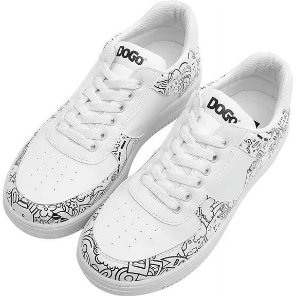 DOGO White Sneakers for Women - Handmade Women's Fashion Sneakers, Vegan Leather and Unique Design Dice Sneakers Bon Voyage Design, Size 9