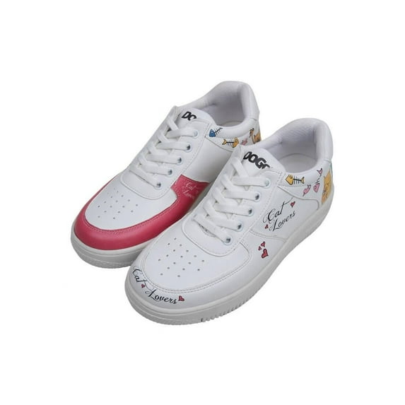 DOGO White Sneakers for Women - Handmade Women's Fashion Sneakers, Vegan Leather and Unique Design Dice Sneakers Cat Lovers Design, Size 6