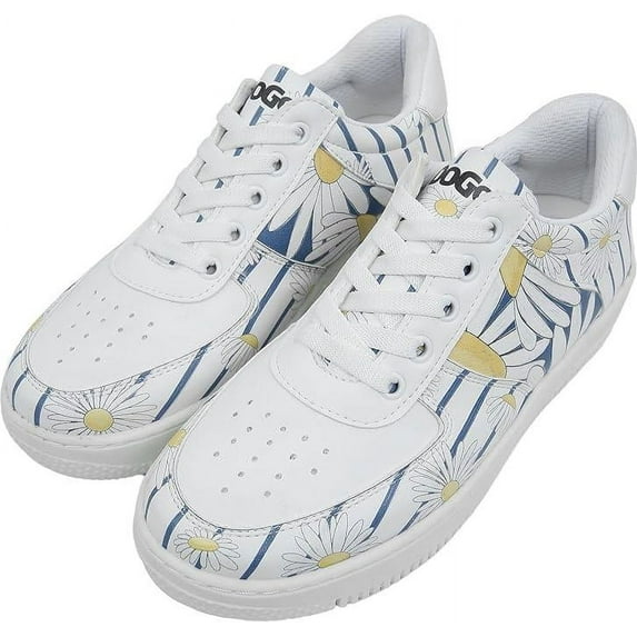 DOGO White Sneakers for Women - Handmade Women's Fashion Sneakers, Vegan Leather and Unique Design Dice Sneakers Daisy Stripes Design, Size 10