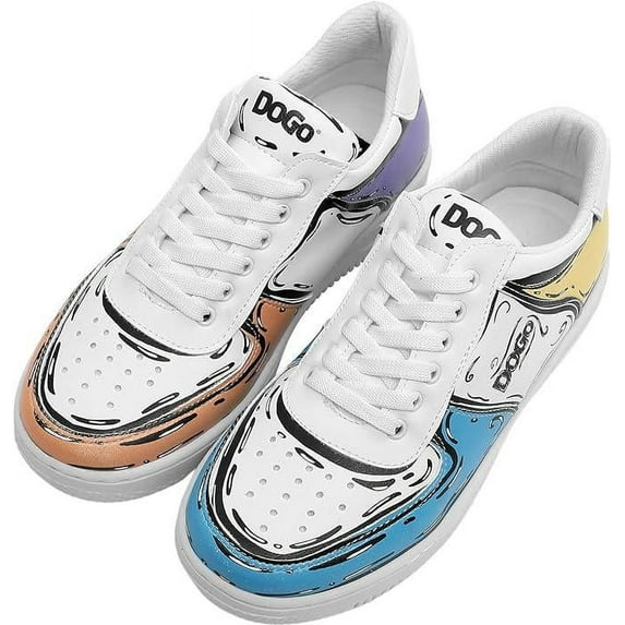 DOGO White Sneakers for Women - Handmade Women's Fashion Sneakers, Vegan Leather and Unique Design Dice Sneakers Dogo Sketch Design, Size 8