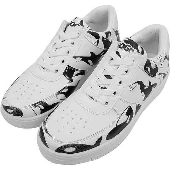 DOGO White Sneakers for Women - Handmade Women's Fashion Sneakers, Vegan Leather and Unique Design Dice Sneakers Flowing Orca Design, Size 5
