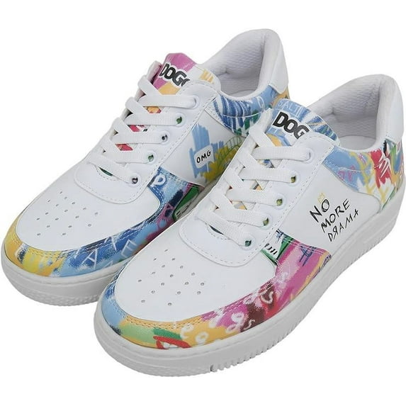 DOGO White Sneakers for Women - Handmade Women's Fashion Sneakers, Vegan Leather and Unique Design Dice Sneakers No More Drama Design, Size 7