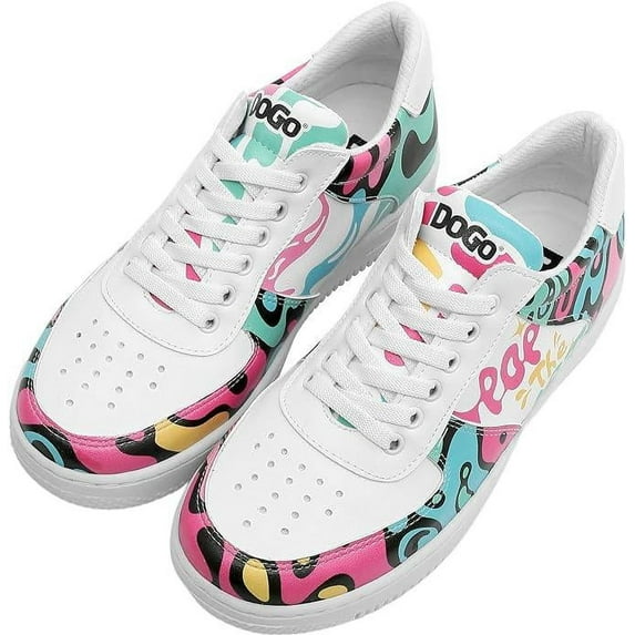 DOGO White Sneakers for Women - Handmade Women's Fashion Sneakers, Vegan Leather and Unique Design Dice Sneakers Pop The Art Design, Size 10