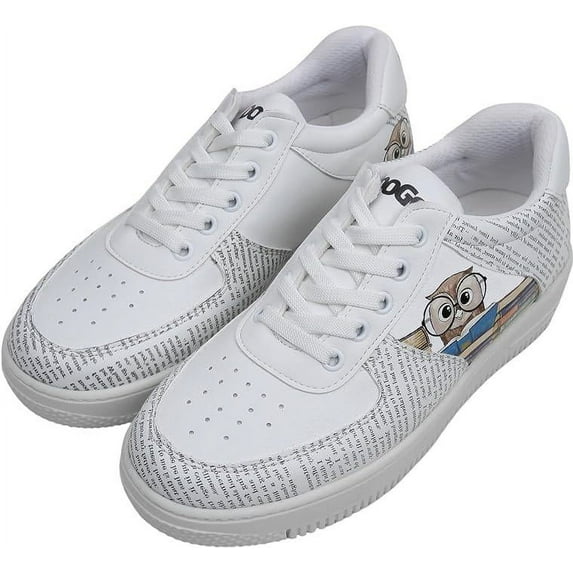 DOGO White Sneakers for Women - Handmade Women's Fashion Sneakers, Vegan Leather and Unique Design Dice Sneakers The Wise Owl Design, Size 7