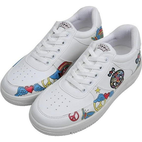 DOGO White Sneakers for Women - Handmade Women's Fashion Sneakers, Vegan Leather and Unique Design Dice Sneakers Tweety Love Design, Size 5