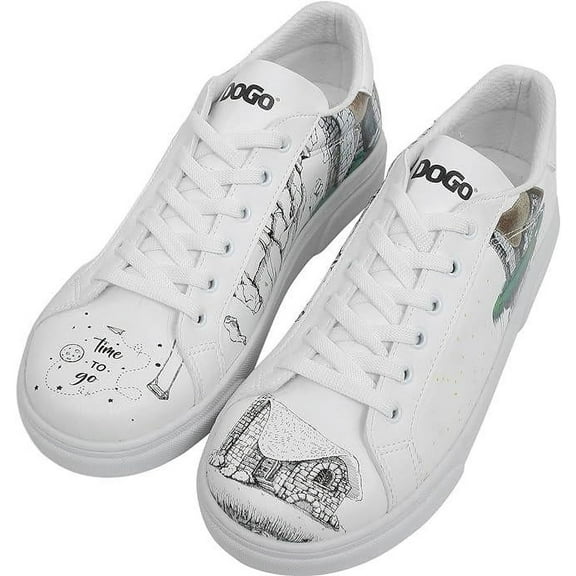 DOGO White Sneakers for Women - Handmade Women's Fashion Sneakers, Vegan Leather and Unique Design, Womens Sneakers Time to Go Design, Size 6.5