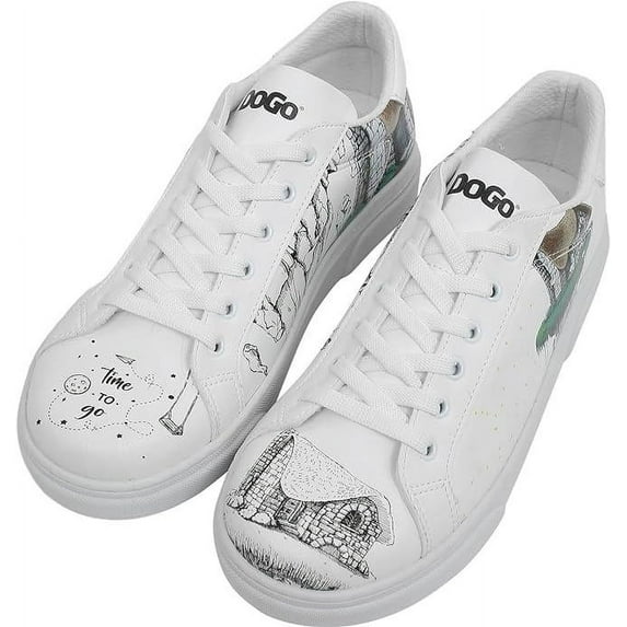 DOGO White Sneakers for Women - Handmade Women's Fashion Sneakers, Vegan Leather and Unique Design, Womens Sneakers Time to Go Design, Size 6.5