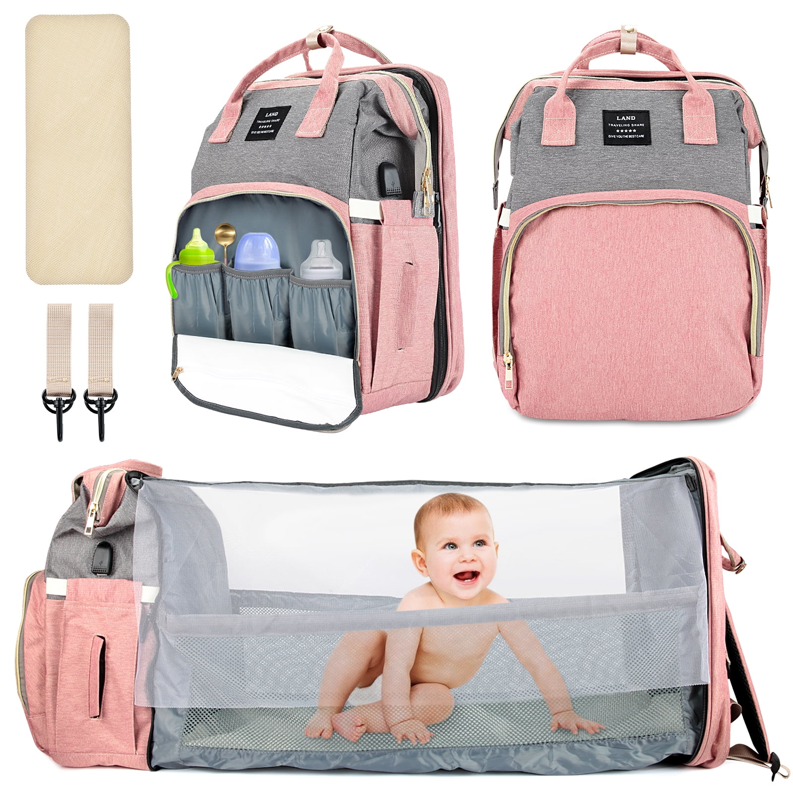 DOGSOG Diaper Bag Backpack Foldable Baby Bed, 4 in 1 Large Capacity