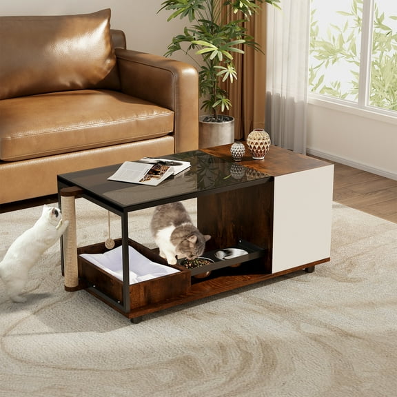 DOICAH Cat Tree with Coffee Table, Cat Scratching Post with Coffee Table for Living Room,Cat Condo with Glass Coffee Table,Cat Beds for Indoor Cats,Cat Tree Tower Condo Furniture