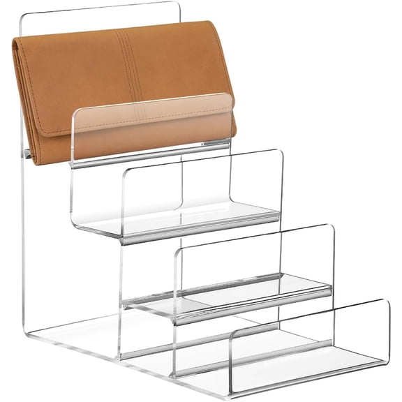 DOITOOL 4-Tier Wallet Display Stand Acrylic Purse Organizer Handbag Purse Stands Jewelry Riser Acrylic Display Shelf for Perfume Jewelry Sunglasses Handbag