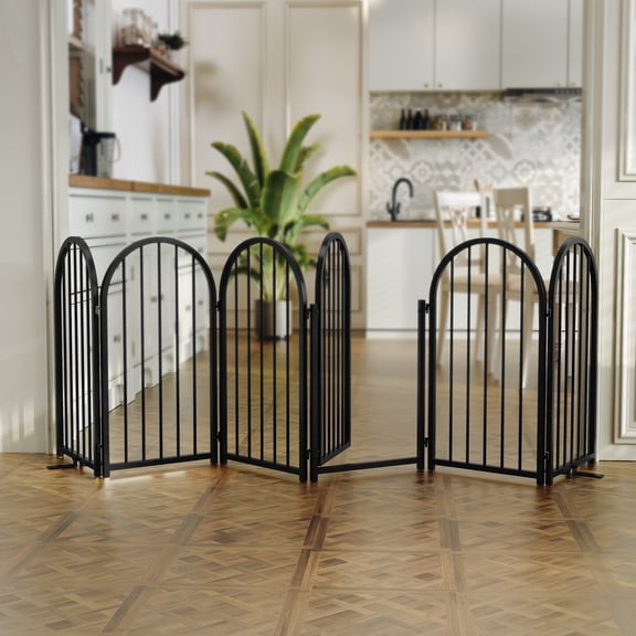 DOJJ 108 Inch Arched Metal Dog Gate with Door and 6 Detachable Panels for Doorways, Hallways and Indoor Use, black