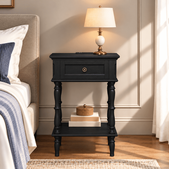 DOJJ Minimal Assembly Vintage Nightstand with Charging Station, Drawer & Shelf, 25" End Table, Black