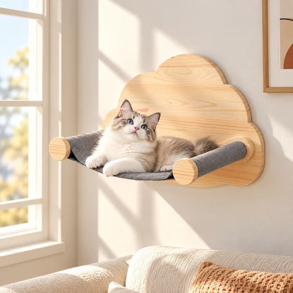 DOJJ Wall Mounted Cat Hammock with Wooden Cat Shelf, Space Saving Climbing Furniture