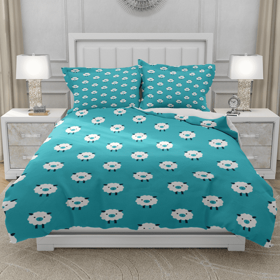 DOJLIO 3D Blue Sheep Printed Duvet Cover Bedding Sets Queen Size Cute Cartoon Sheep Bed Duvet Cover Sheep Bedspread Cover Farmhouse Animal Style No Comforter