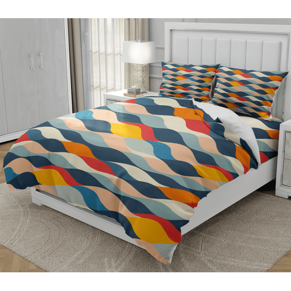 DOJLIO 3D Blue Wave Geometry Printed Duvet Cover Bedding Sets Twin Size Bed Duvet Cover Blue Wave Bedroom Decorative Bedclothes Trendy Art Style with 1 Comforter Cover 2 Pillow cases