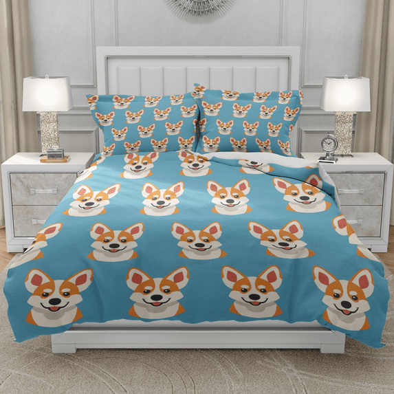 DOJLIO 3D Cartoon Welsh Corgi Printed Duvet Cover Bedding Sets Full Size Cute Dog Bed Duvet Cover Welsh Corgi Dog Bedding Collection Cartoon Dog Theme No Comforter