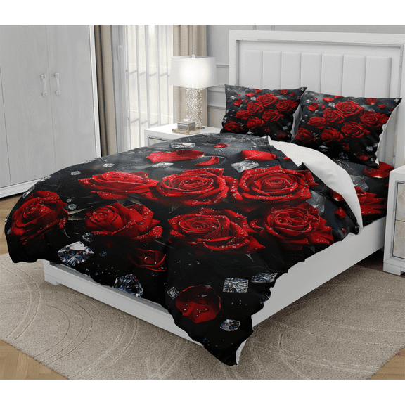 DOJLIO 3D Diamond Red Rose Printed Duvet Cover Comforter Cover Set Full Size Diamond Red Rose Bedspread Cover Rose Duvet Cover Rose Theme No Comforter