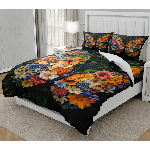 DOJLIO 3D Flower Butterfly Printed Duvet Cover Comforter Cover Set Queen Size Flower Butterfly Bedding Sets Flower Bedclothes Beautiful Rose Theme with 1 Comforter Cover 2 Pillowcases