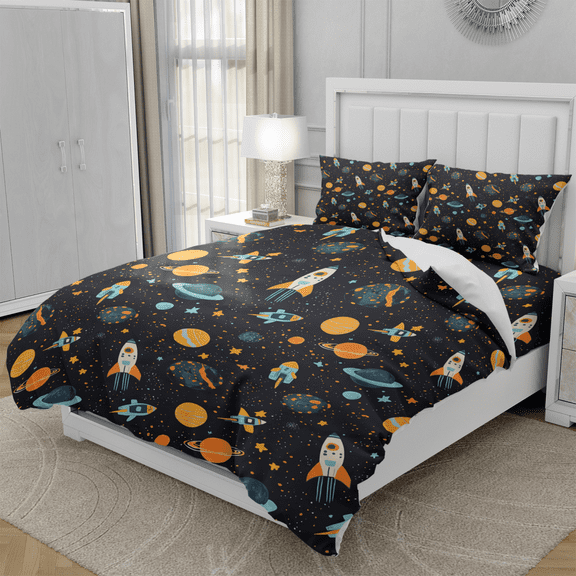 DOJLIO 3D Soar Into Space Printed Duvet Cover Comforter Cover Set Queen Size Cartoon Rocket Bedclothes Star Room Decor Duvet Cover Cartoon Theme