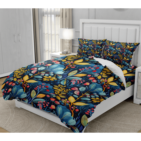 DOJLIO 3D Tree Printed Duvet Cover Bedding Sets King Size Yellow Leaves Bedding Collection Yellow Botanical Decorative Bedding Sets Bedclothes Vintage Theme for Adult Men Women