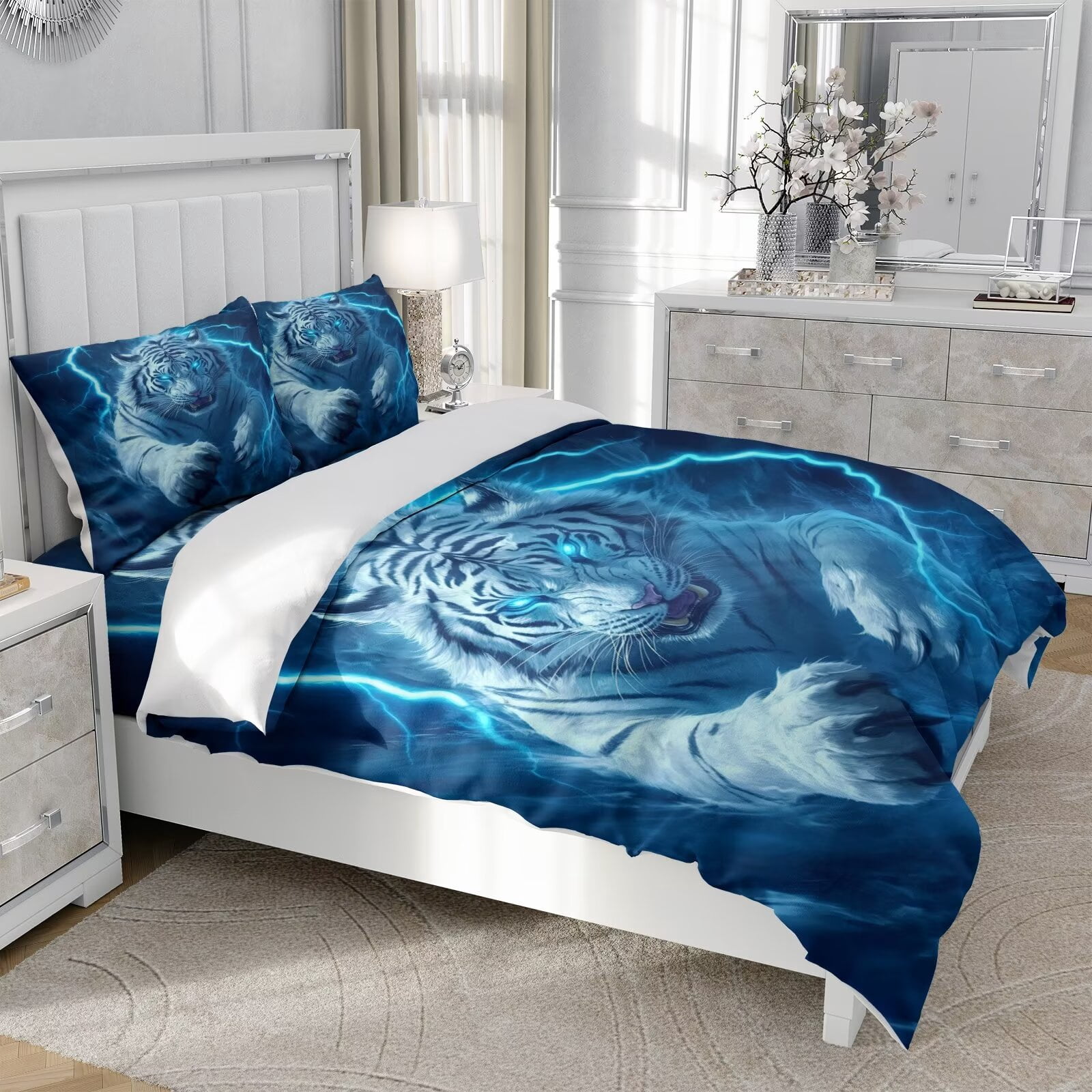 DOJLIO 3D White Tiger Printed Duvet Cover Comforter Cover Set King Size ...
