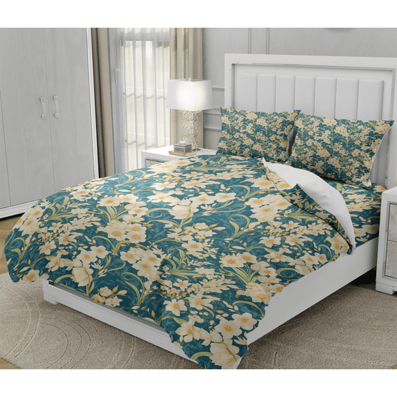DOJLIO Art Flower Bedspread Cover Farmhouse Style Queen Size Quilt Cover Beige Flower Bedding Collection Vintage Theme Decorative Bedding Sets for Adult Men Women